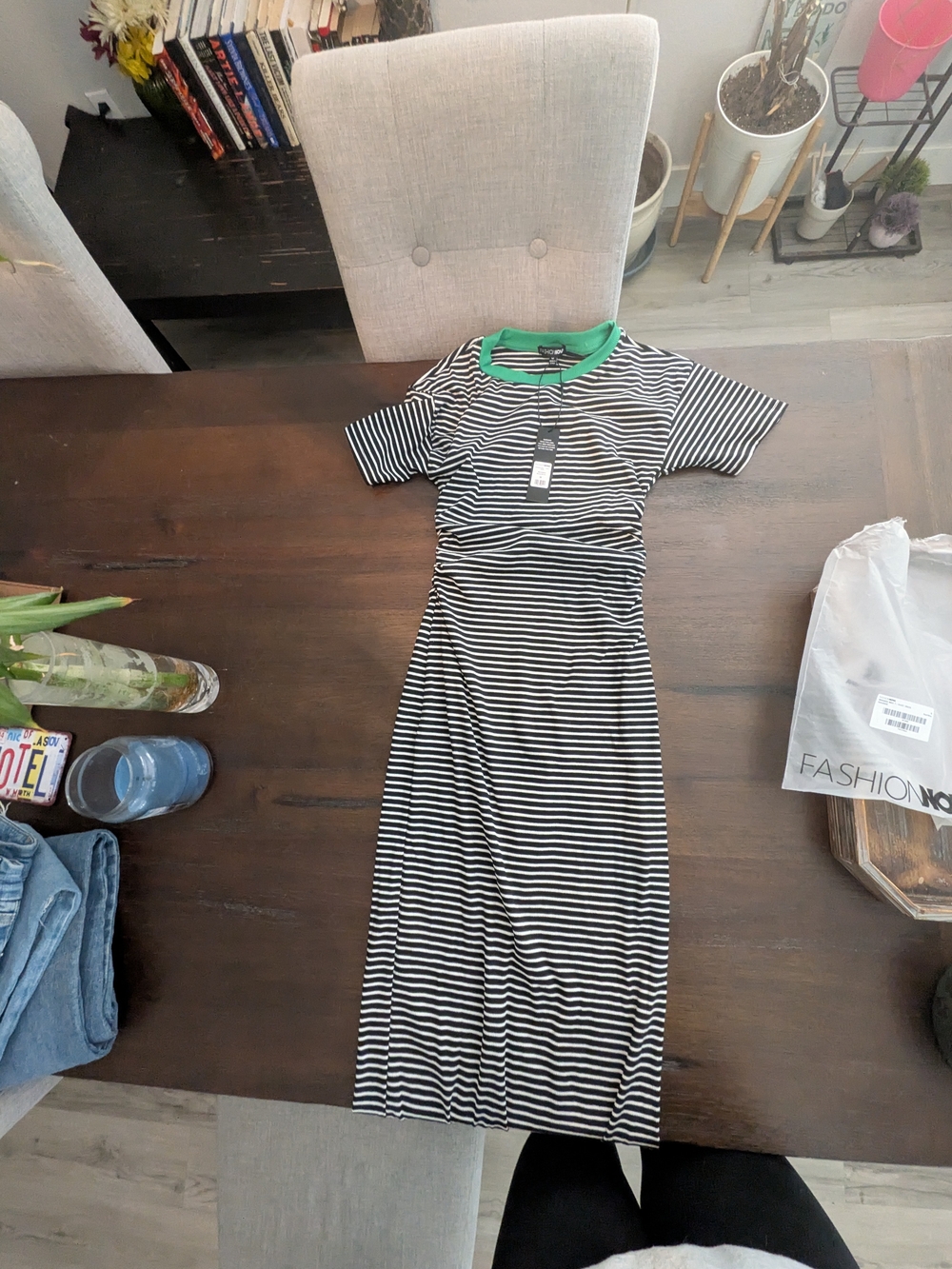 Fashion Nova Black and White Stripe Dress with Green Neck Trim